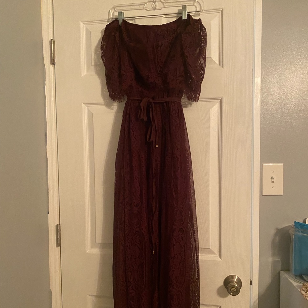 Maroon off the shoulder lace gown, baltic born